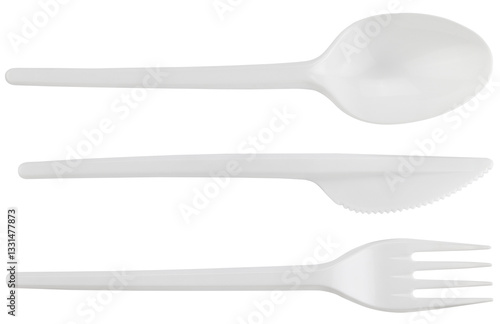 Wallpaper Mural Disposable plastic cutlery: spoon, knife, fork isolated on a transparent background. Completely in focus. Full depth of field. Top view. PNG. Torontodigital.ca