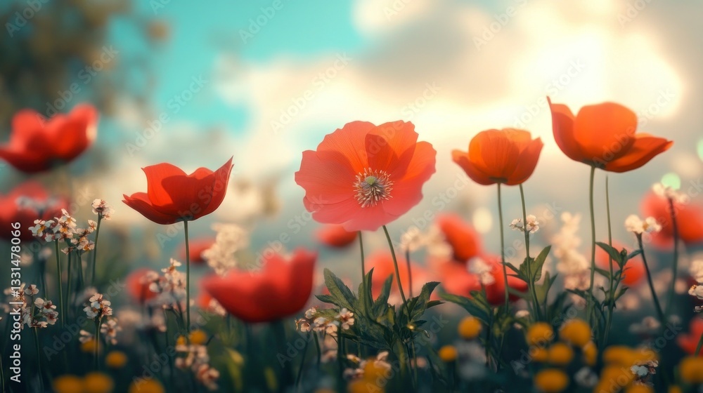 Naklejka premium Blooming Red Poppy Flowers in a Sunny Meadow with a Bright Sky