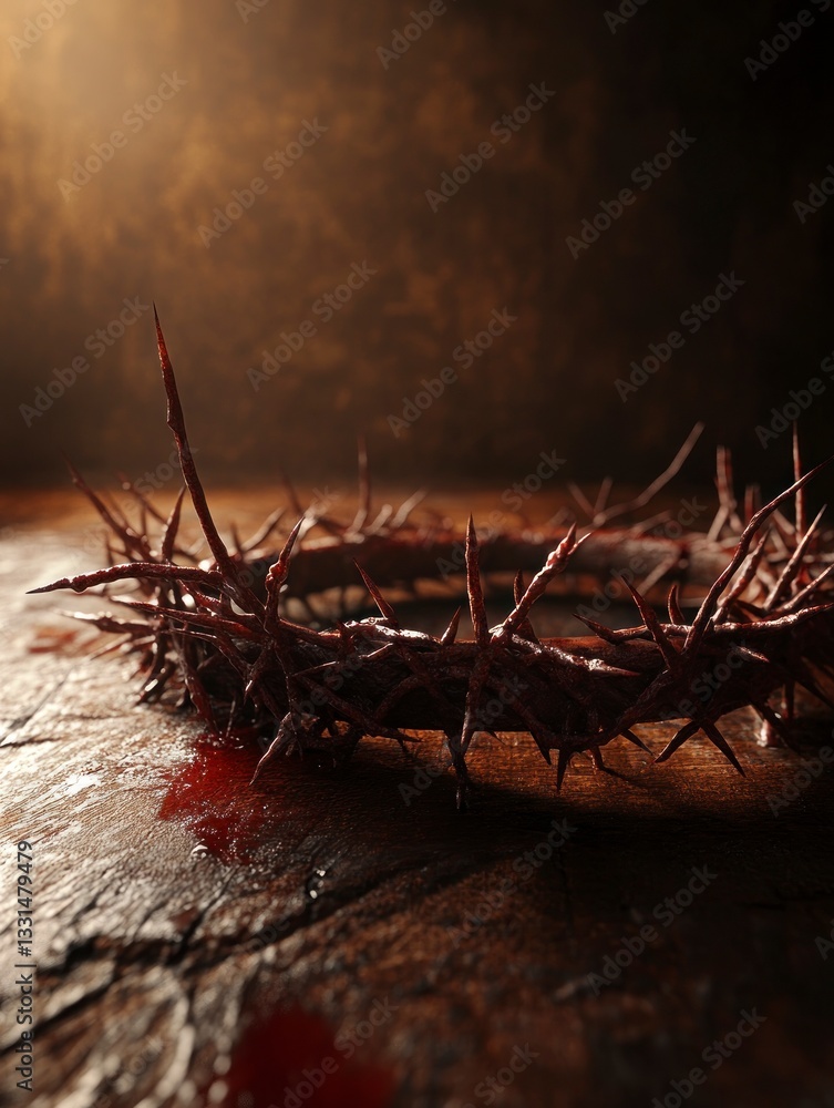 Fototapeta premium Crown of Thorns with Blood Resting on Wooden Surface with Light