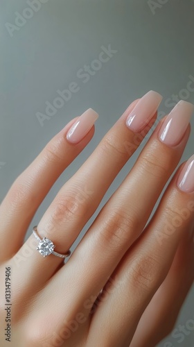 Elegant Engagement Ring on Perfectly Manicured Hand With Soft Pink Nails in N...