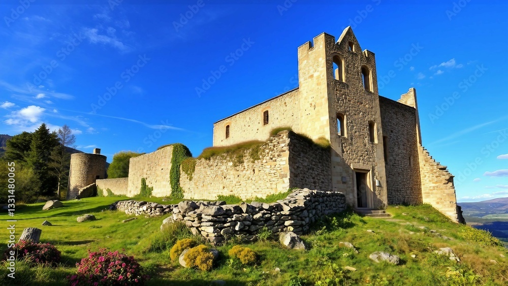 Eindrucksvolle Burgruine mit Steinturm auf einem grünen Hügel unter blauem Himmel. Ideal für historische und landschaftliche Darstellungen Eindrucksvolle Burgruine mit Steinturm auf einem grünen Hügel unter blauem Himmel. Ideal für historische und landschaftliche Darstellungen