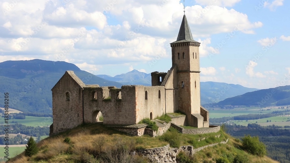Malerische Burgruine mit spitzem Turm auf einem grünen Hügel mit weitem Blick auf die Landschaft. Ideal für historische und landschaftliche Darstellungen Malerische Burgruine mit spitzem Turm auf einem grünen Hügel mit weitem Blick auf die Landschaft. Ideal für historische und landschaftliche Darstellungen