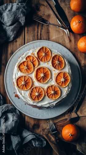 Delicious Cake With Dried Orange Slices on a Rustic Wooden Table