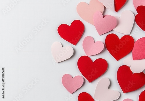Red and pink paper hearts scattered on a white background. Romantic, Valentine's Day themed image with copy space.