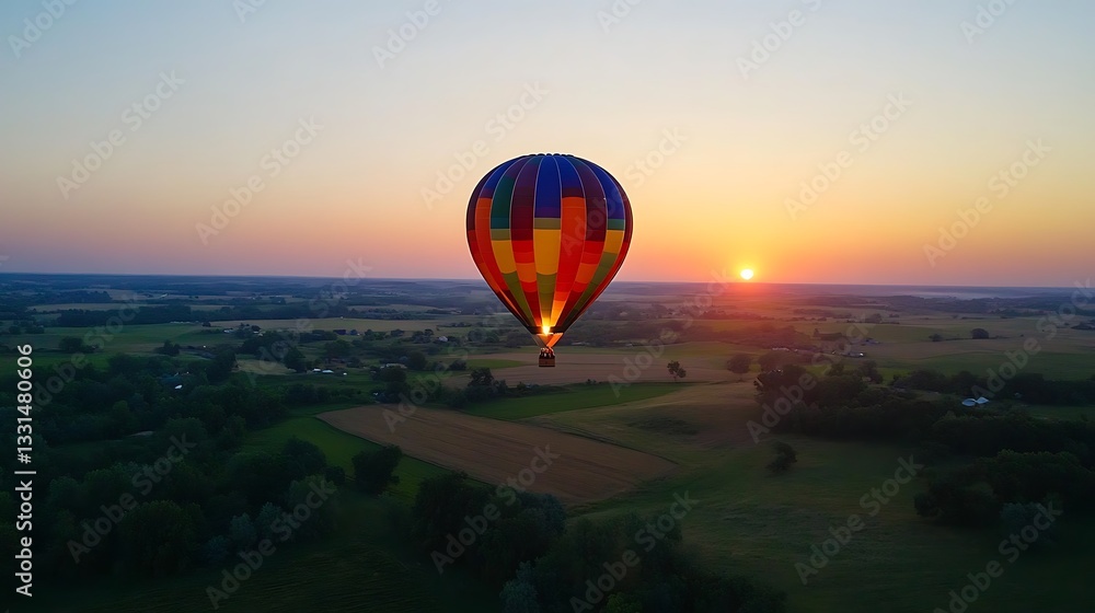 Obraz premium Hot Air Balloon Floating Above the Countryside During Sunset