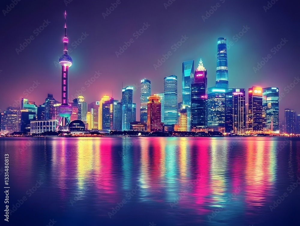 Fototapeta premium 31. **A stunning view of a futuristic city skyline at night with neon lights**