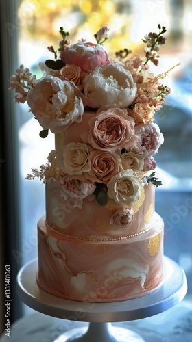 Elegant Wedding Cake Adorned With Flowers in Soft Pink and White Hues From a Recent Celebration