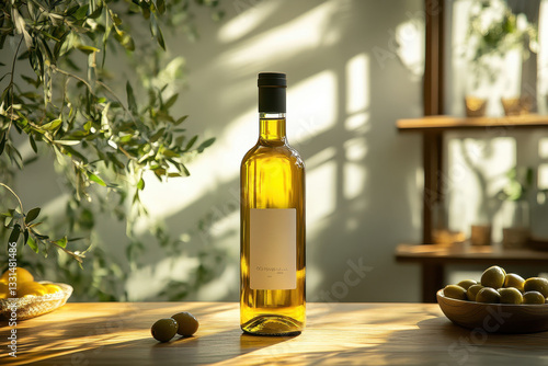 Olive oil in a glass bottle with green olives and rosemary sprigs, set on a rustic wooden table with soft natural lighting.