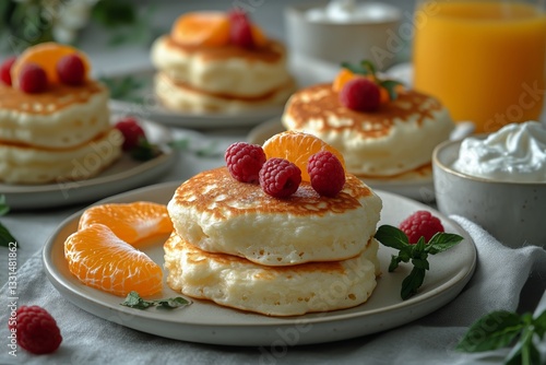 Fluffy Pancakes Topped With Fresh Raspberries and Served With Orange Slices o...