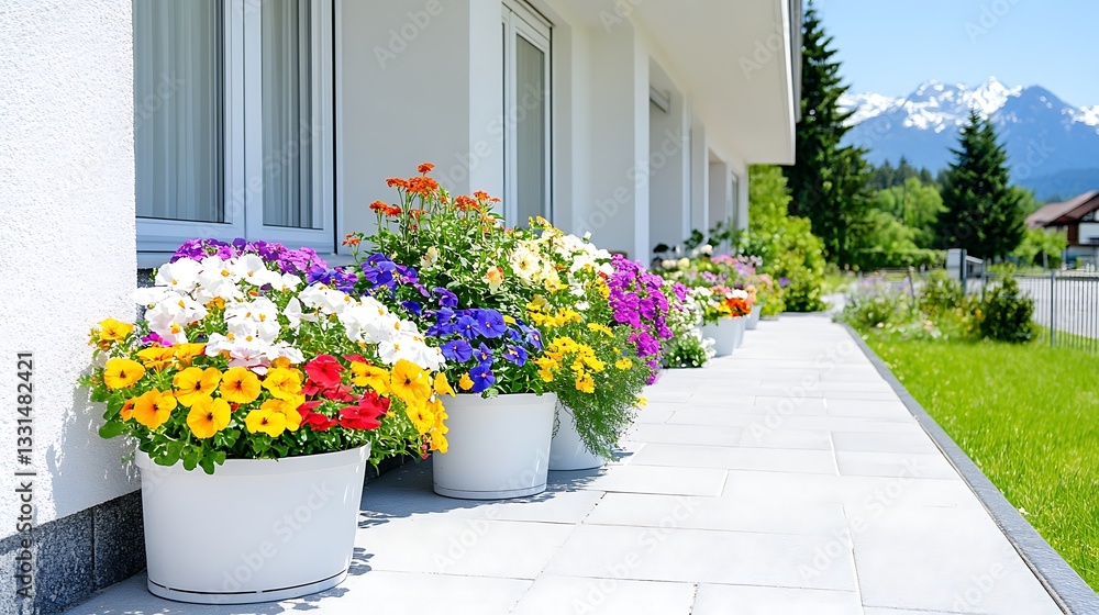 Obraz premium Vibrant Colorful Flowers in White Pots on Modern Patio Mountain View