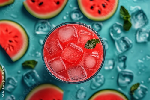 Refreshing Watermelon Drink With Ice and Mint on a Vibrant Background