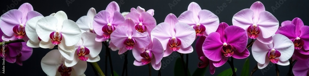 Stunning array of white and purple orchids in various stages of blossoming, white, blooming, stages Stunning array of white and purple orchids in various stages of blossoming, white, blooming, stages