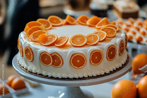 Beautiful Orange Cake With Whipped Cream and Fresh Fruit on Display at a Bakery