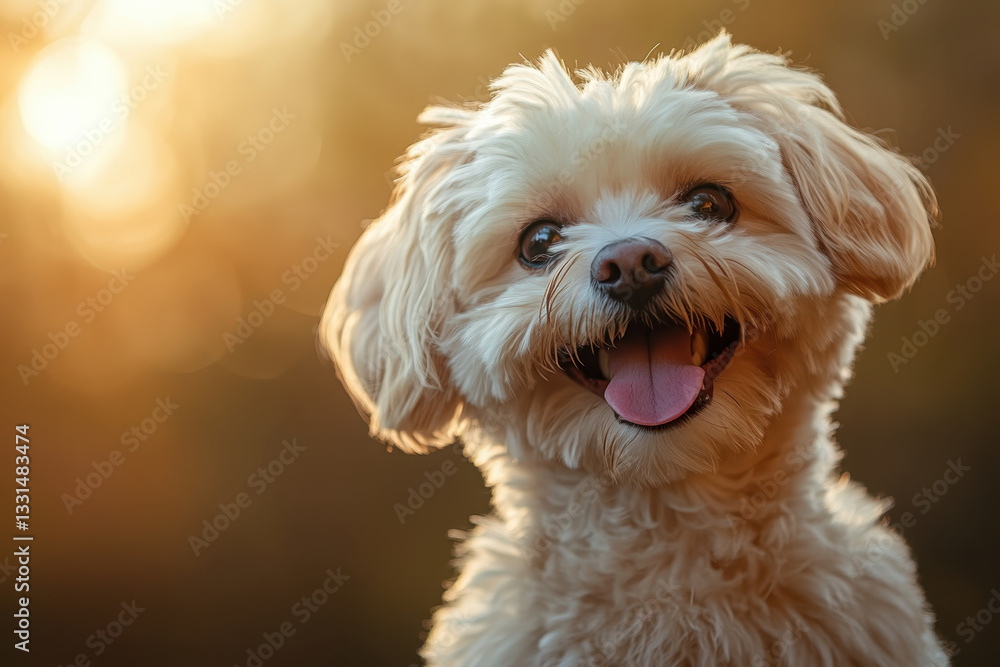 Small white dog with tongue out, wagging tail, sitting in lush green park, sunlit, happy expression, playful demeanor. Small white dog with tongue out, wagging tail, sitting in lush green park, sunlit, happy expression, playful demeanor.