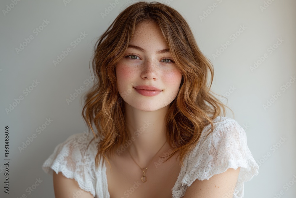 Beautiful woman with freckles smiling wearing a white lace top Beautiful woman with freckles smiling wearing a white lace top