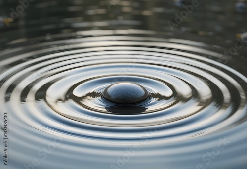 A smooth pebble dropped into still water, creating perfect concentric ripples. The surface tension and reflections enhance the tranquil, minimalistic effect.