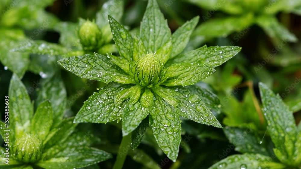 Green plant with dew drops resting in a lush garden during early morning hours