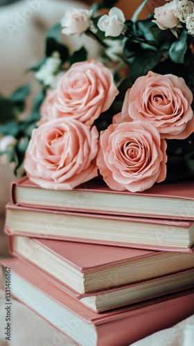 Roses Blooming Over Stacked Books in a Cozy Indoor Setting Filled With Natura...