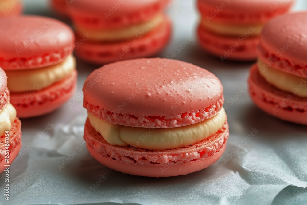 Fototapeta premium Delicious Pink Macarons With Creamy Filling on a Baking Sheet in a Cozy Kitchen Setting