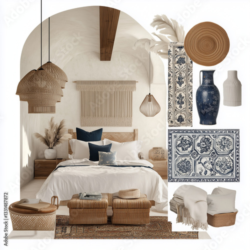 A sophisticated interior design mood board blending coastal/nautical aesthetics with timeless Italian design. The board features a refined Mediterranean-inspired color palette