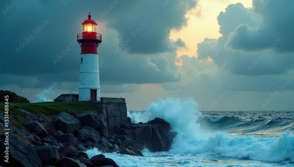 Lighthouse stands strong against raging waves, dramatic sky , gale, nature Lighthouse stands strong against raging waves, dramatic sky , gale, nature