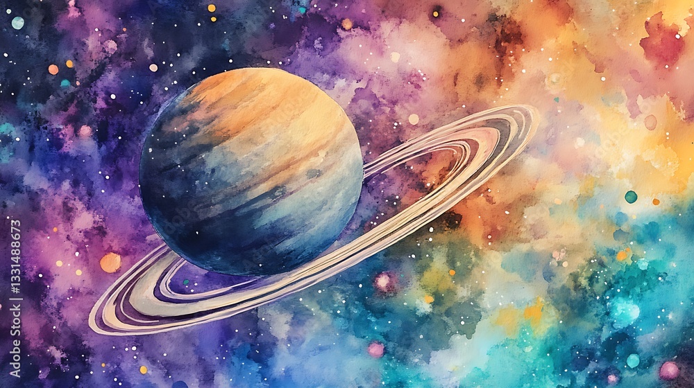 Naklejka premium Watercolor Illustration of a Planet with Rings