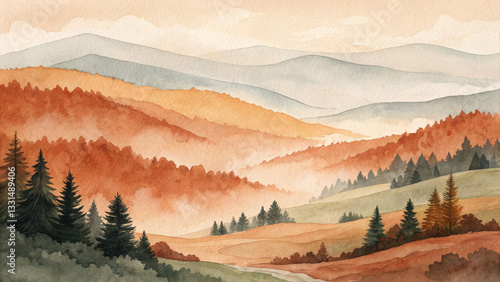 Layered watercolor strokes bring to life a picturesque valley with distant mountain ridges and a flowing stream, radiating a sense of peace and nostalgia