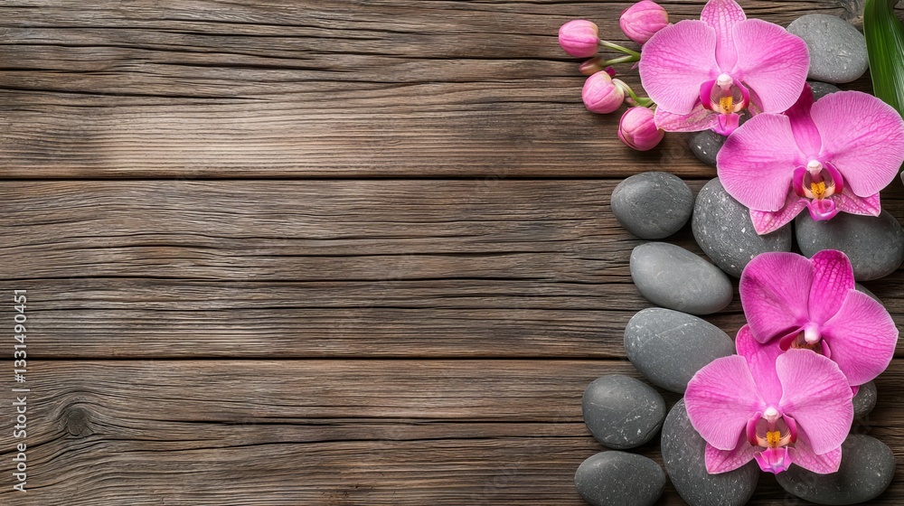Pink flowers adorn the background of a stack of stones used for spa massages Pink flowers adorn the background of a stack of stones used for spa massages