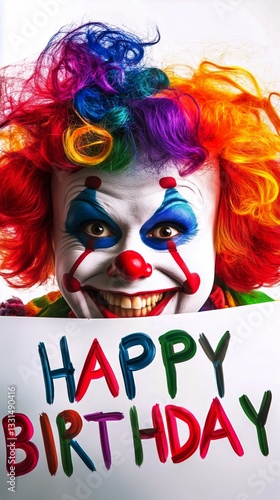 Brightly Painted Clown Celebrating a Birthday With a Colorful Sign in Hand at...
