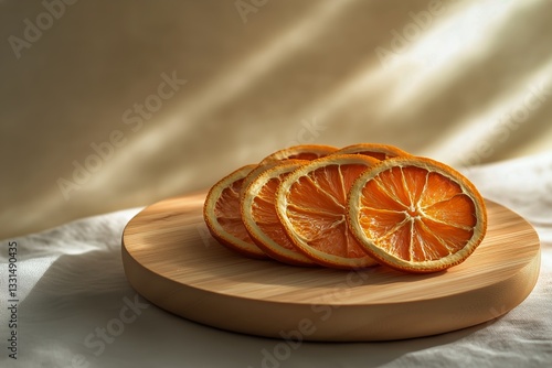 Dried Orange Slices Arranged on a Wooden Board in Soft Natural Light