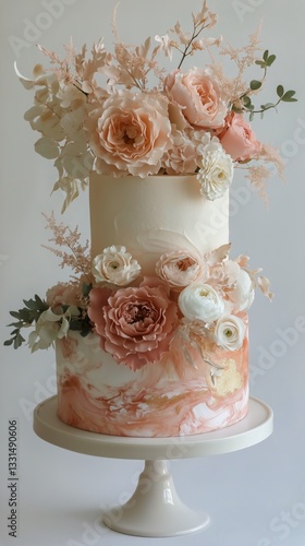 Elegant Wedding Cake Adorned With Flowers in Soft Pink and White Hues From a Recent Celebration