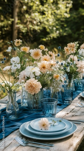 Elegant Outdoor Dining Setup With Blue Tableware and Floral Centerpieces for ...