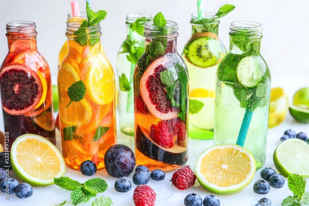 Colorful summer detox bottles with fruits and mint. Colorful summer detox bottles with fruits and mint.