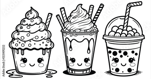 Cute kawaii cupcake milkshake and bubble tea line art vector. Black and white dessert drinks vector art. Cartoon ice cream cupcake bubble tea cute coloring pages