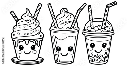 Cute kawaii cupcake milkshake and bubble tea line art vector. Black and white dessert drinks vector art. Cartoon ice cream cupcake bubble tea cute coloring pages