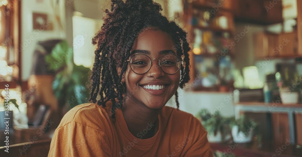 A black woman sits in her home office, smiling as she works remotely on her laptop, possibly conducting research for social media or a blog A black woman sits in her home office, smiling as she works remotely on her laptop, possibly conducting research for social media or a blog