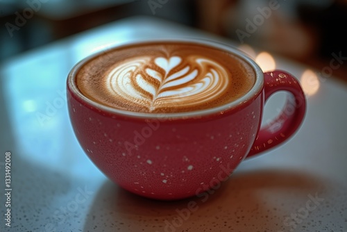 Enjoying a Beautifully Crafted Latte With Latte Art in a Cozy Cafe Setting Du...