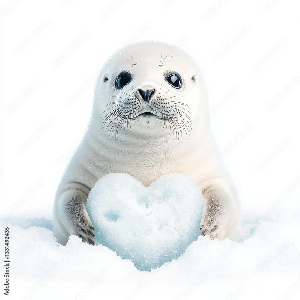 cute seal holding heart shaped snowball in snowy environment cute seal holding heart shaped snowball in snowy environment