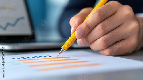 Professional accountant highlighting mismatches on a printed revenue statement, with a laptop open to reconciliation software in the background, 3D illustration