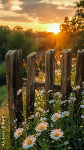 Daisies Bloom by a Rustic Fence as the Sun Sets Over a Vibrant Wildflower Field