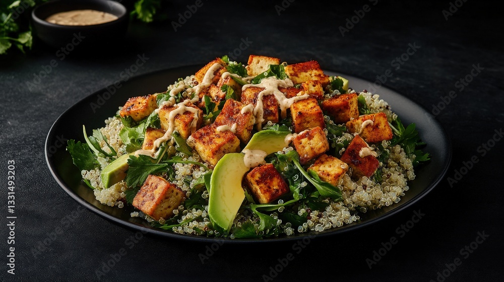 Exquisite shot of a quinoa salad with roasted tofu, avocado, and tahini dressing, presented on a large, dark plate earthy tones and creamy avocado contrast beautifully against the dark background. Exquisite shot of a quinoa salad with roasted tofu, avocado, and tahini dressing, presented on a large, dark plate earthy tones and creamy avocado contrast beautifully against the dark background.