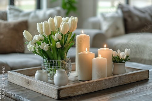 Elegant Floral Arrangement With Candles on Wooden Tray in Cozy Living Room Se...