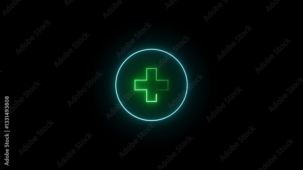 Plus icon animation on glowing neon sign. Plus icon animation on glowing neon sign.