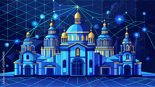 Saint Sophia Cathedral Glowing in Blue Outline in Network of Connections, Kyiv, Ukraine