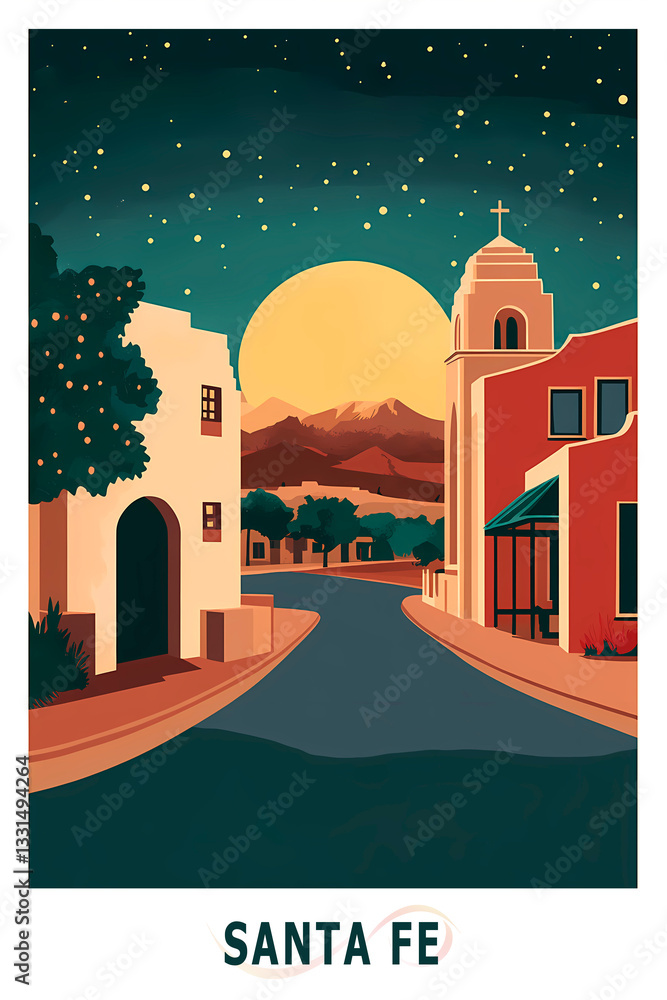 Obraz premium Santa Fe USA, New Mexico state illustrated poster in retro style. Vintage travel booklet, postcard, print, cover with scenic skyline, townscape