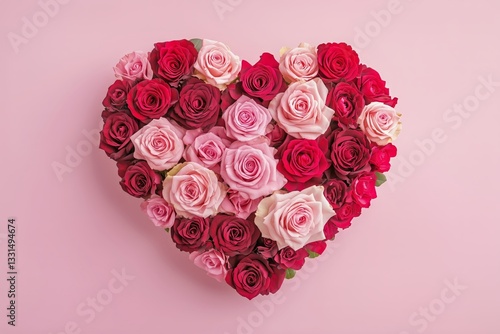 Romantic Heart-Shaped Arrangement of Red and Pink Roses on Soft Pink Backgrou...