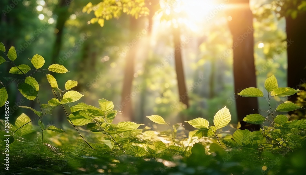 Obraz premium Soft-focus forest background with gentle sunlight filtering through leaves, creating a peaceful and dreamy atmosphere
