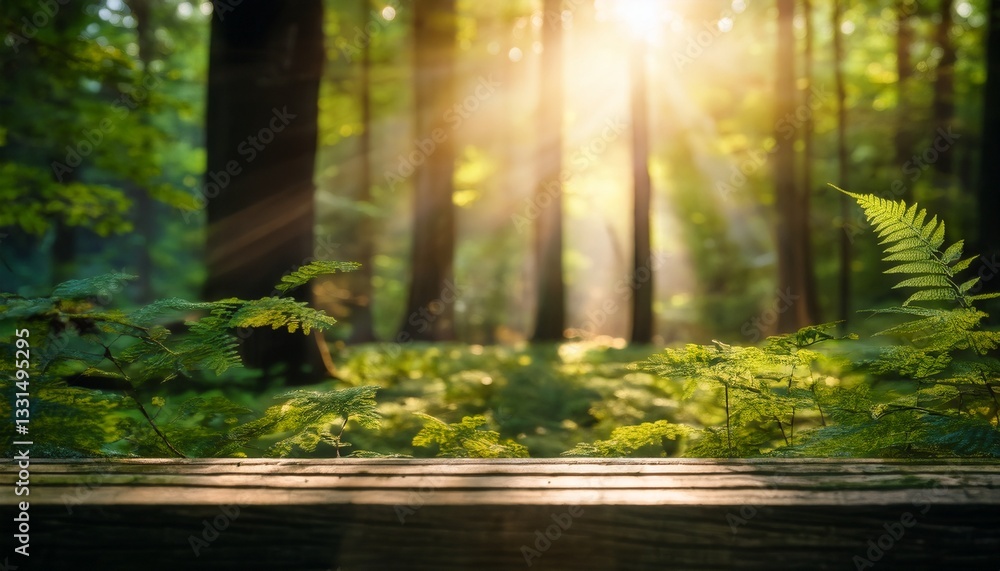 Obraz premium Soft-focus forest background with gentle sunlight filtering through leaves, creating a peaceful and dreamy atmosphere