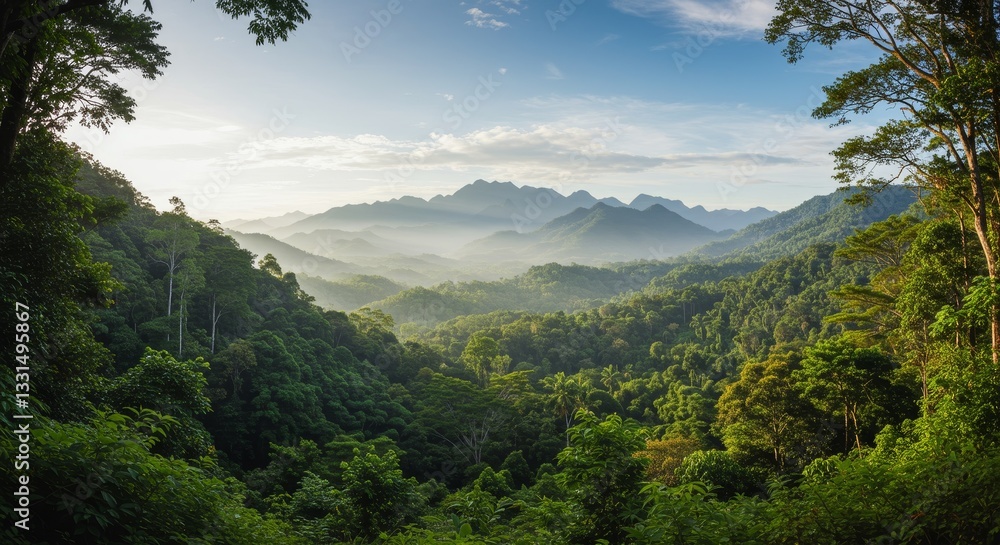 Serene Mountain Landscape - Breathtaking panoramic view of lush green mountains and valleys bathed in morning light. A tranquil and peaceful scene of nature's beauty Serene Mountain Landscape - Breathtaking panoramic view of lush green mountains and valleys bathed in morning light. A tranquil and peaceful scene of nature's beauty