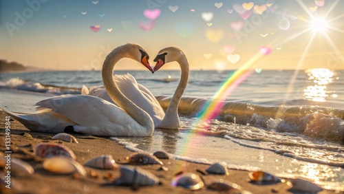 Fototapeta Naklejka Na Ścianę i Meble -  Swan Love Heart on Beach at Sunset